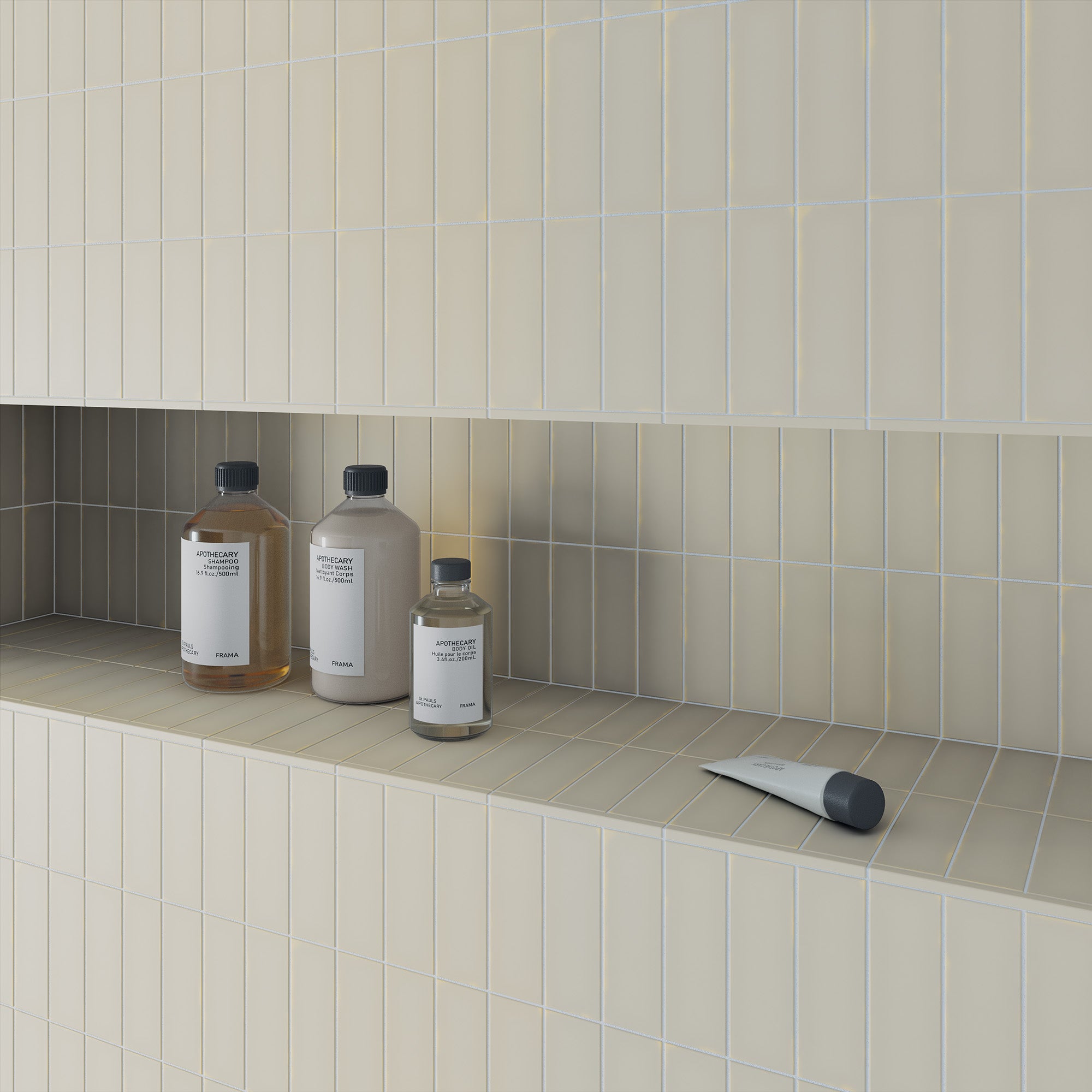 A tiled bathroom shower niche.